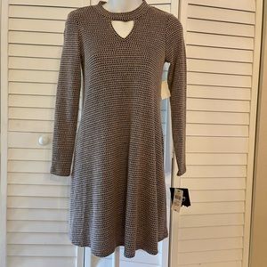 NWT Dark Academia Tan Black Patterned Babydoll Dress Size XS Peek-A-Boo Cutout